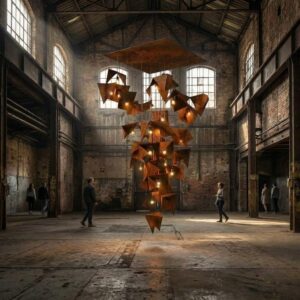 Instalacja świetlna Gie El złożona z geometrycznych, rdzawych form zawieszonych w przestrzeni industrialnej hali z cegły, oświetlona ciepłym światłem, z ludźmi wokół podkreślającymi skalę obiektu.