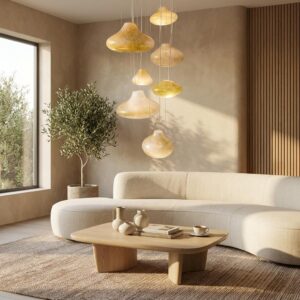 Artystyczna instalacja świetlna marki Gie El – kompozycja ręcznie formowanych, organicznych lamp wiszących w ciepłych odcieniach złota, zawieszonych nad minimalistycznym salonem w naturalnych beżach i drewnie, podkreślających elegancję i unikalny design wnętrza.
