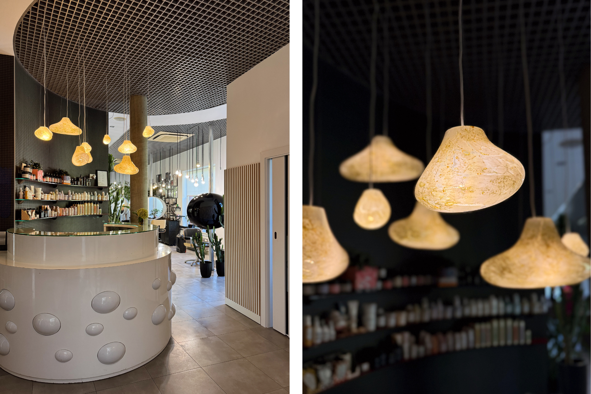 żyrandol nad ladą recepcyjną w salonie fryzjerskim